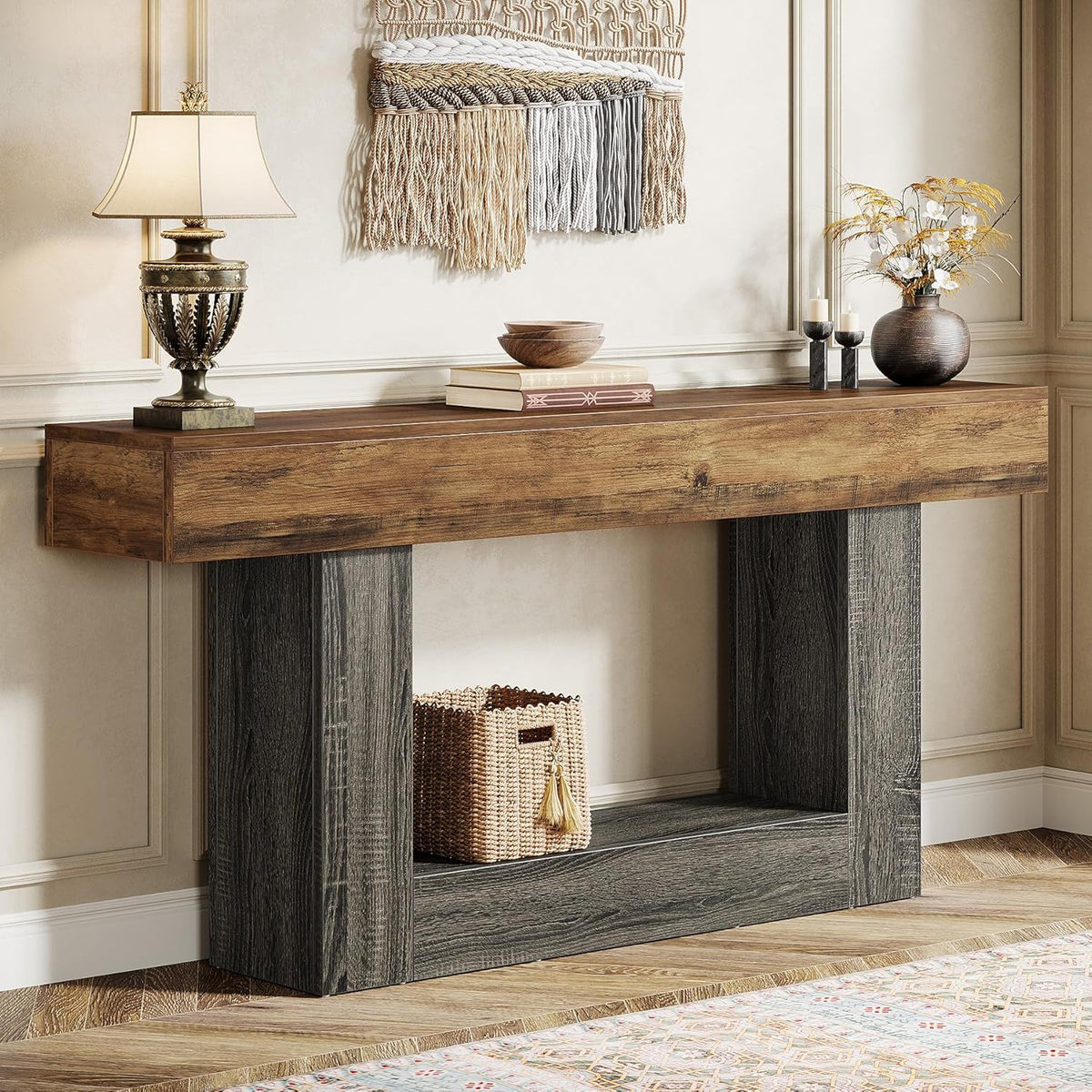 Console Table with 2 Tier Storage and U-Shaped Base - Light Brown or Dark Brown