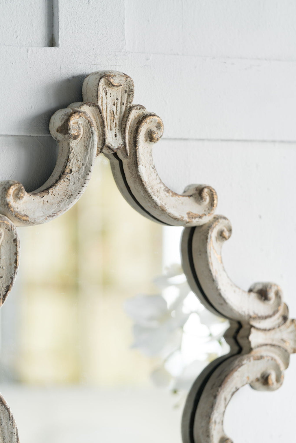 Artistic Diamond Scrollwork Wall Mirror with Fir Wood Frame - Antique White
