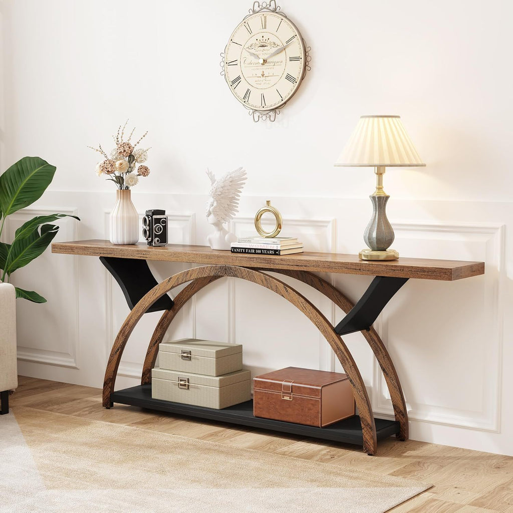 Console Table with 2-Tier Storage and Half Moon Frame - Brown / Black