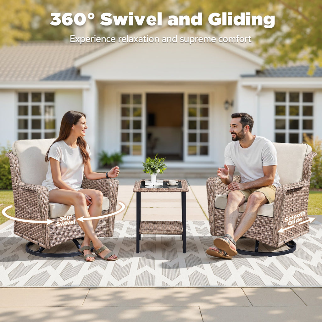 2-Person Outdoor Wicker Swivel Rocker Seating Group with Cushions - Beige or Blue