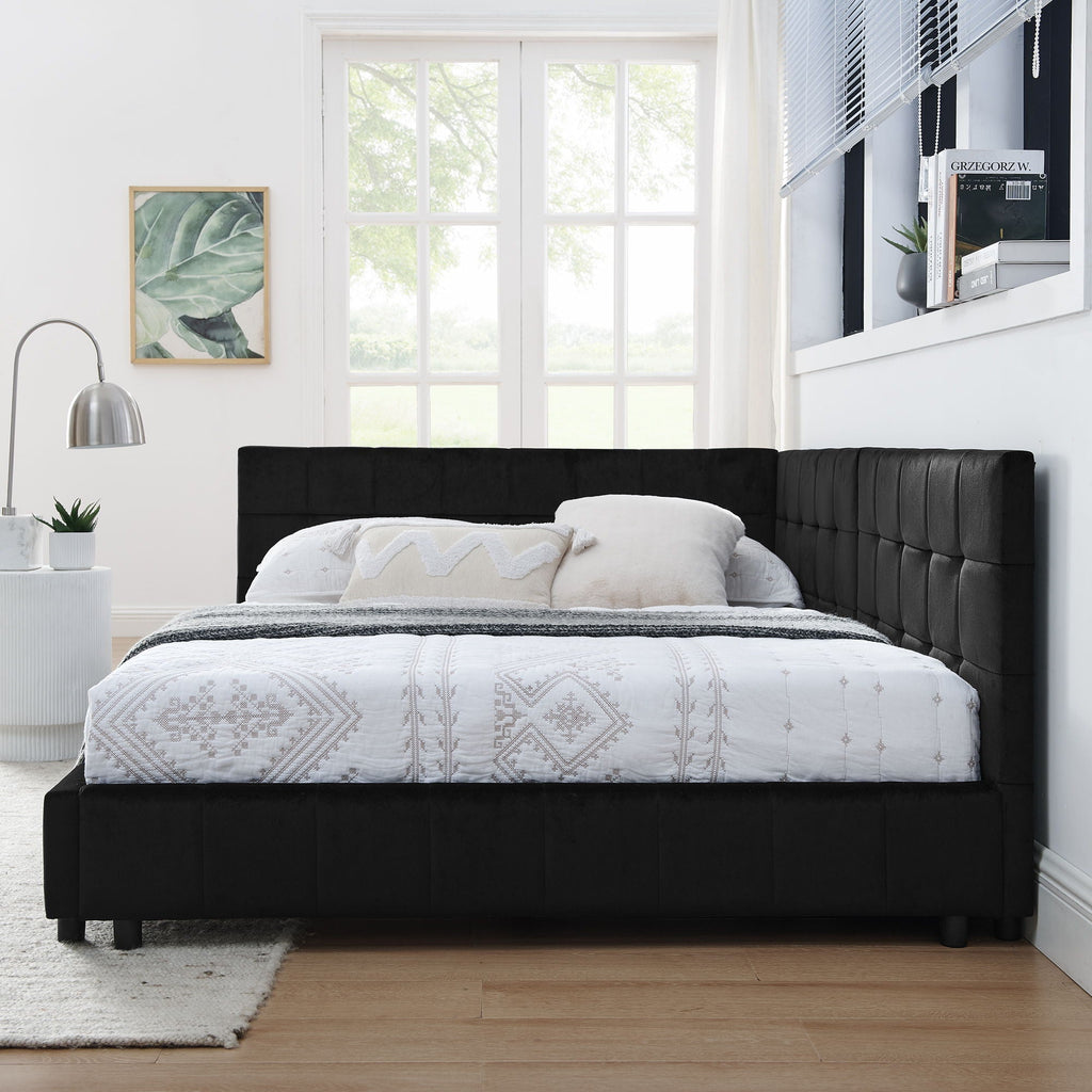 Mid-Century Storage Upholstered Tufted Bed Frame with Backrest and Armrests - Multiple Colors