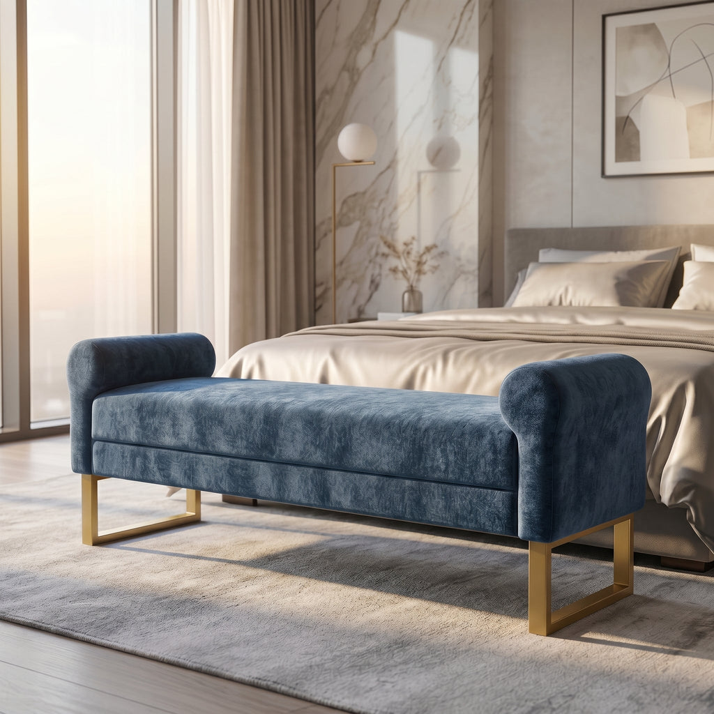 65" Chenille Ottoman Bench with Upholstered Wood Frame - Neutral