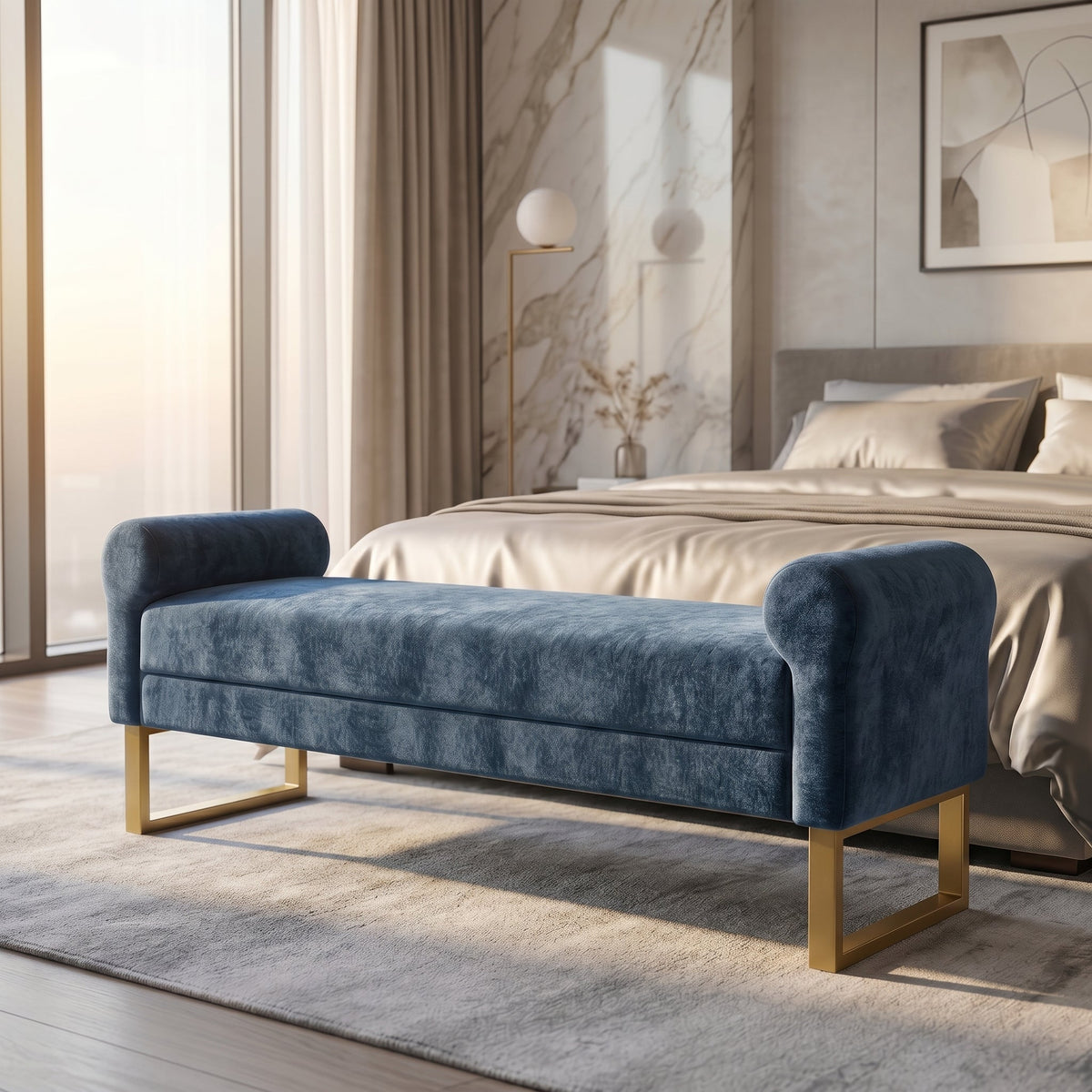 65" Chenille Ottoman Bench with Upholstered Wood Frame - Neutral
