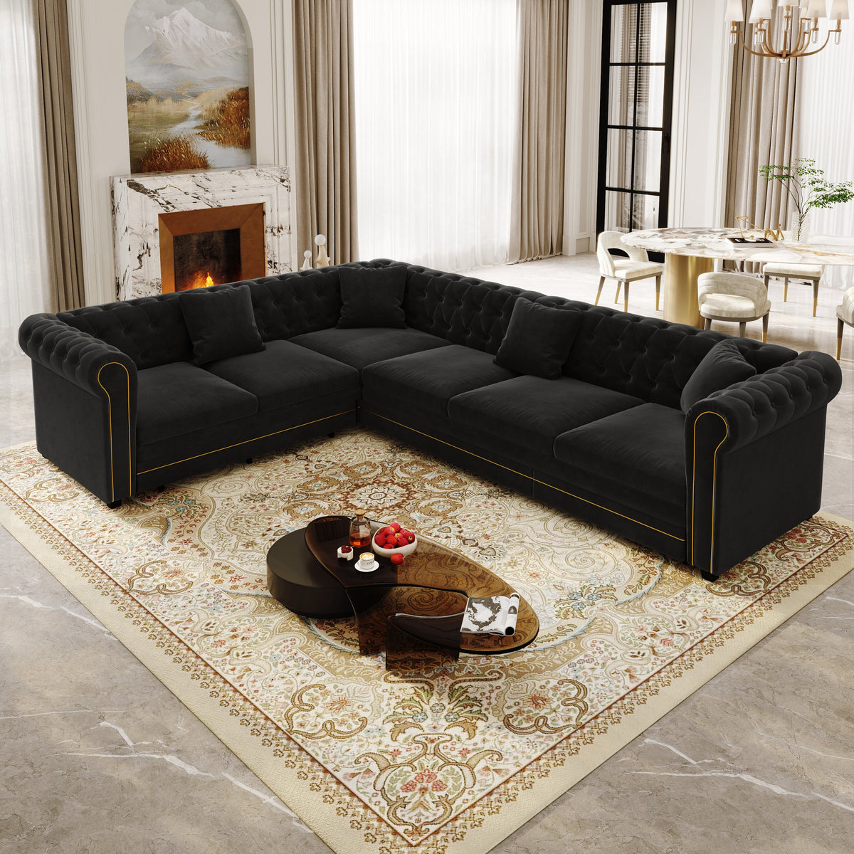 L-Shaped Sofa Couch with Pull-Out Bed - Black Velvet