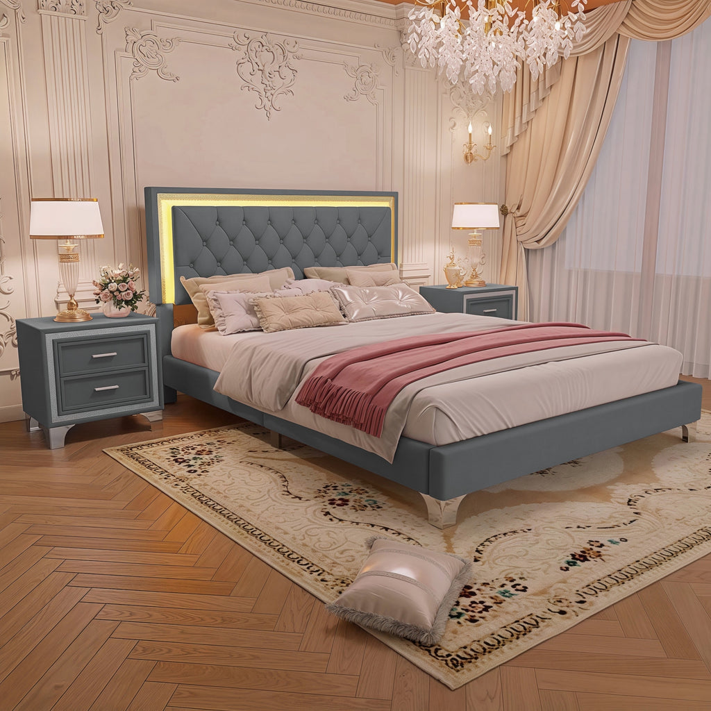 Queen Upholstered Platform Bed with LED Lights - 3-Piece Set, Gray