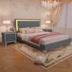 Queen Upholstered Platform Bed with LED Lights - 3-Piece Set, Gray