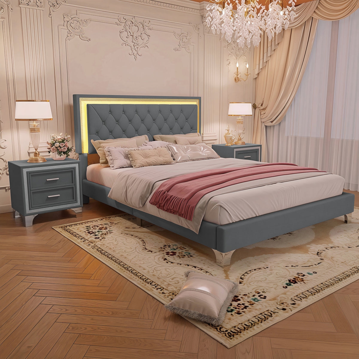 Queen Upholstered Platform Bed with LED Lights - 3-Piece Set, Gray