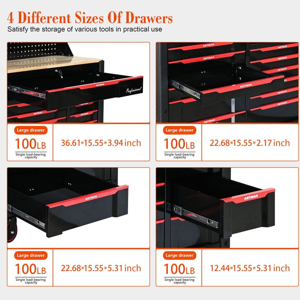 Heavy Duty Tool Cart with 19 Drawers and Locking System - Black/Red