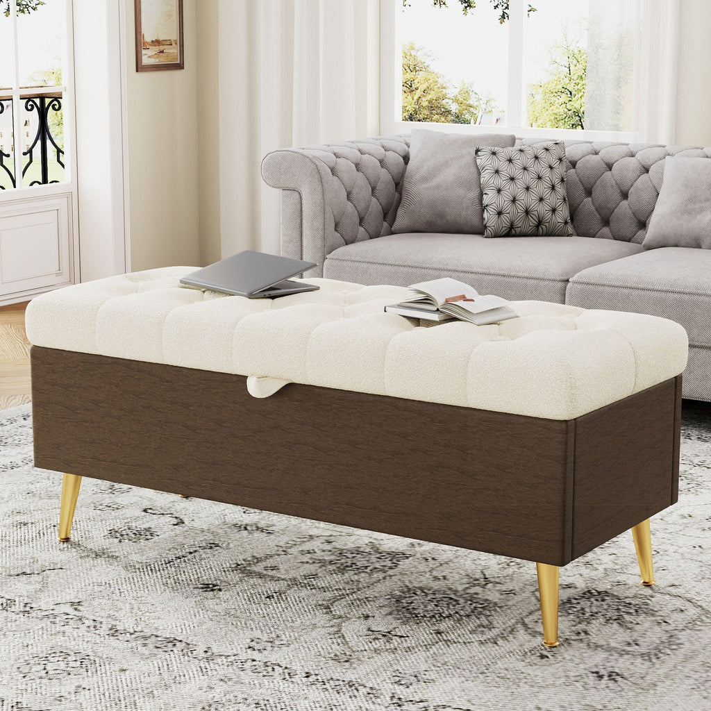 Modern Tufted Storage Ottoman Bench with Metal Legs - Bouclé Fabric
