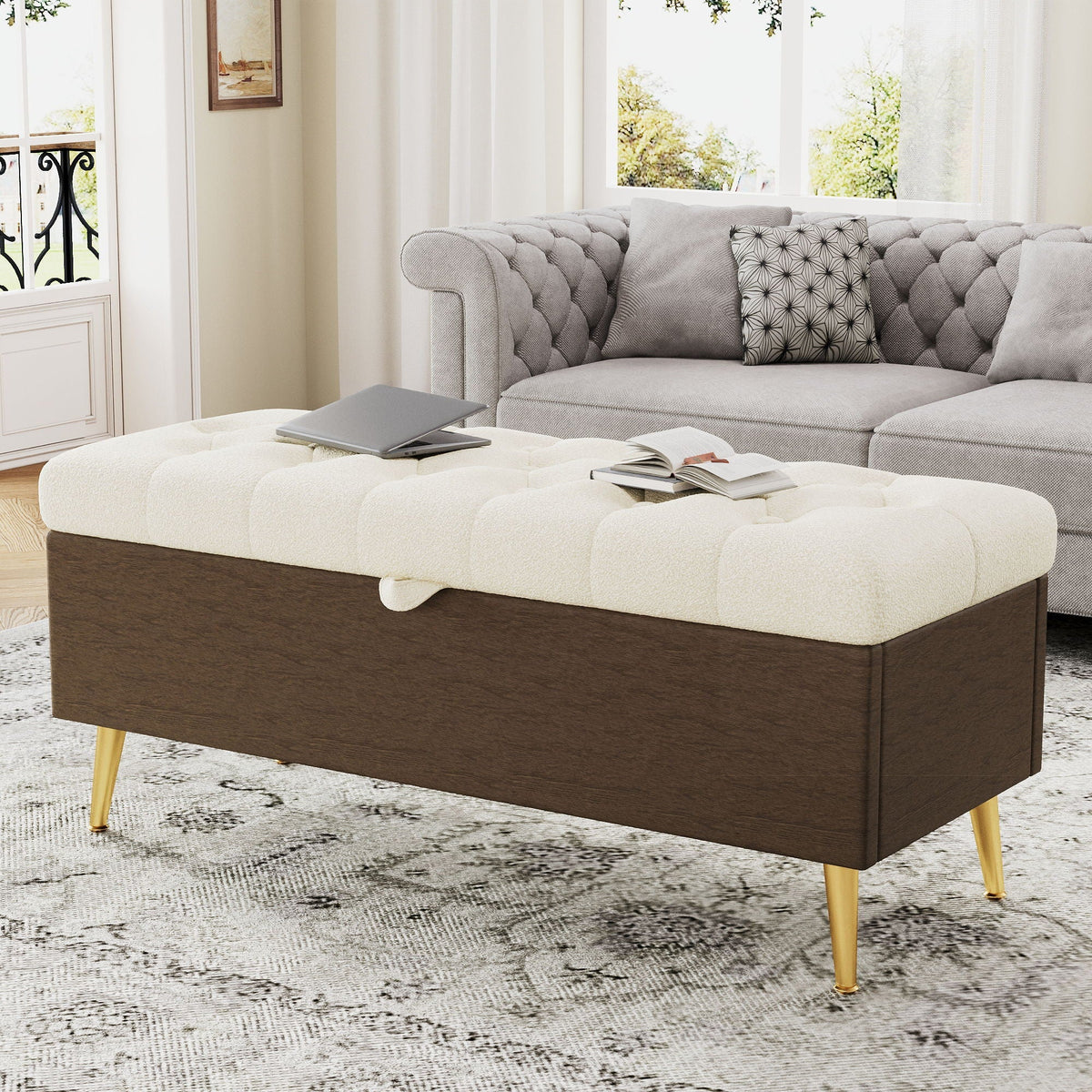 Modern Tufted Storage Ottoman Bench with Metal Legs - Bouclé Fabric