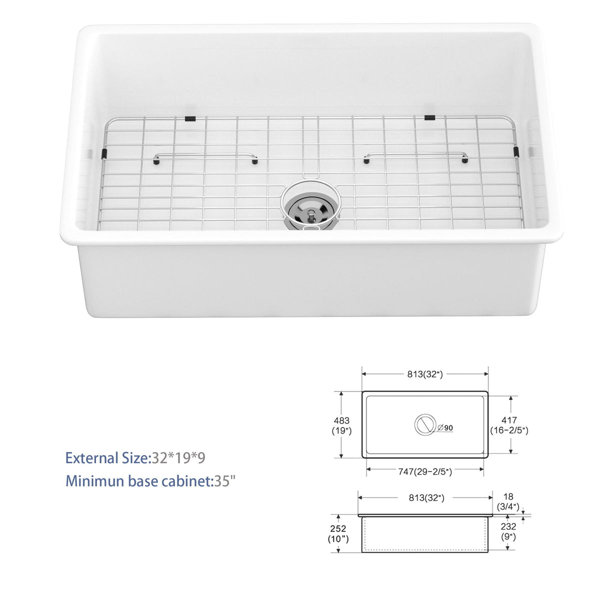 Farmhouse Ceramic Apron Front Single Bowl Kitchen Sink with Durable Design - White or Black