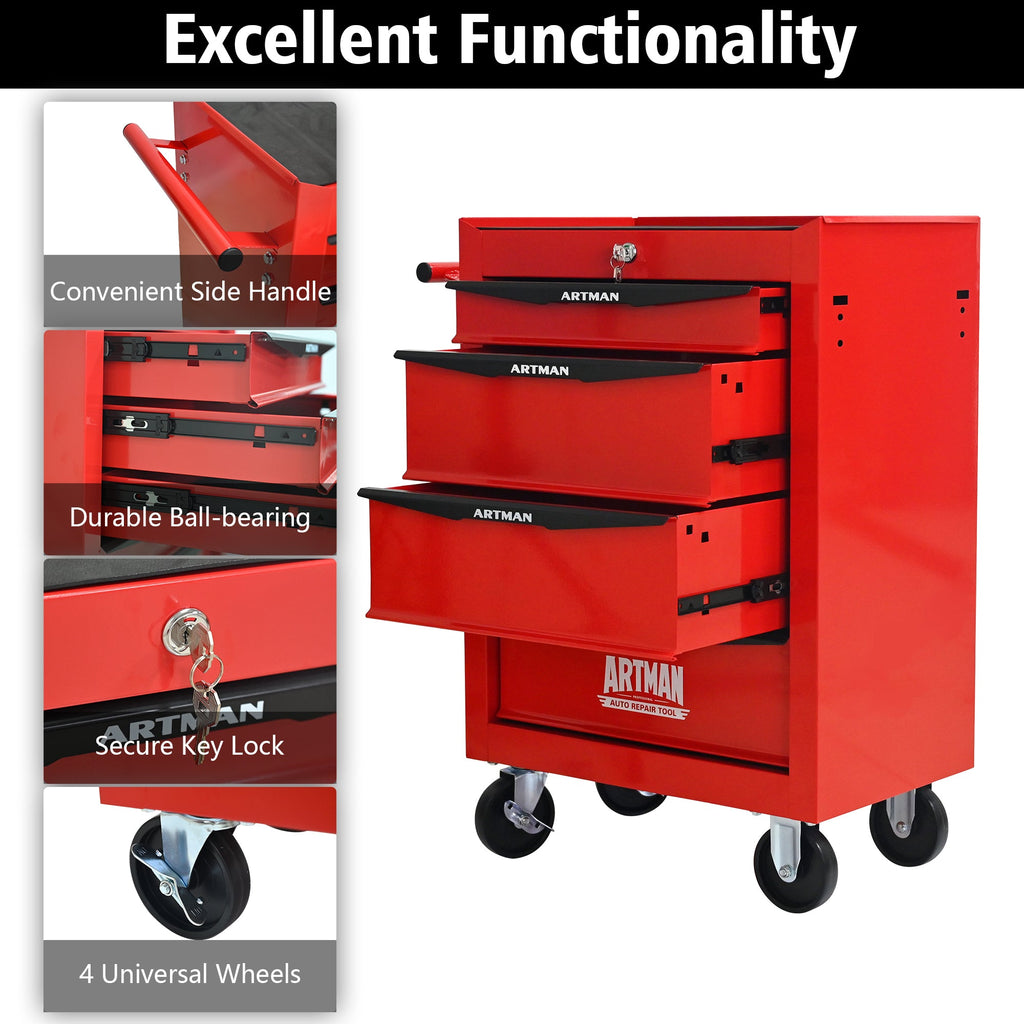Rolling Metal Tool Chest with 4 Drawers - Red & Black