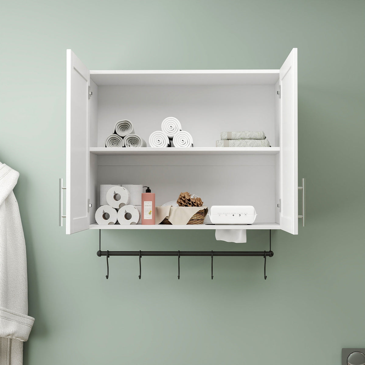 Bathroom Wall Cabinet with Adjustable Shelf and Towel Bar - White