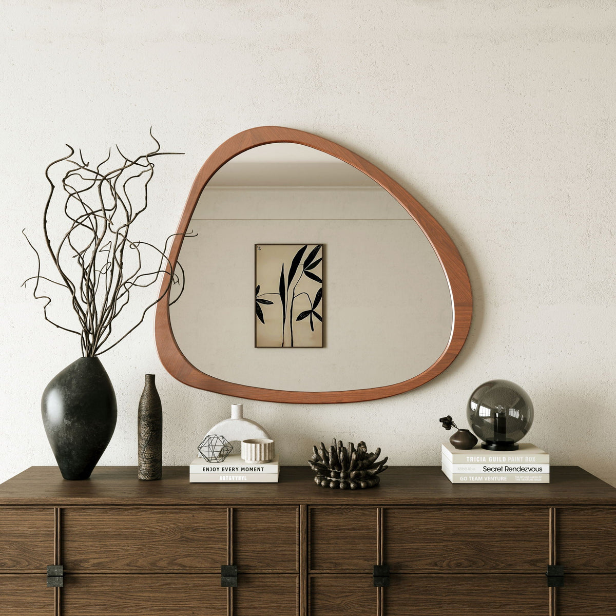 Asymmetrical Wall Mirror with Solid Natural Wood Frame - Large Sized Dressing Mirror