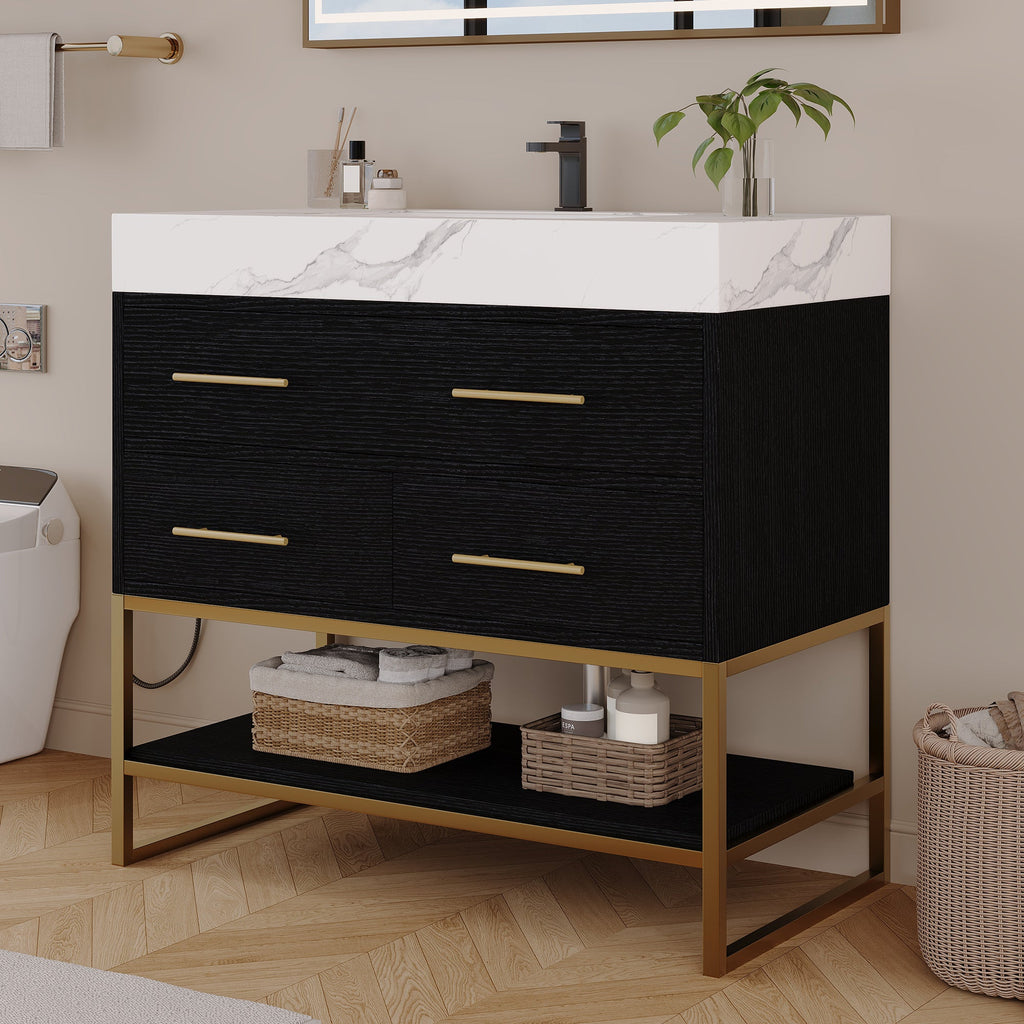 36" Artificial Stone Bathroom Vanity with Ceramic Sink - Black/White
