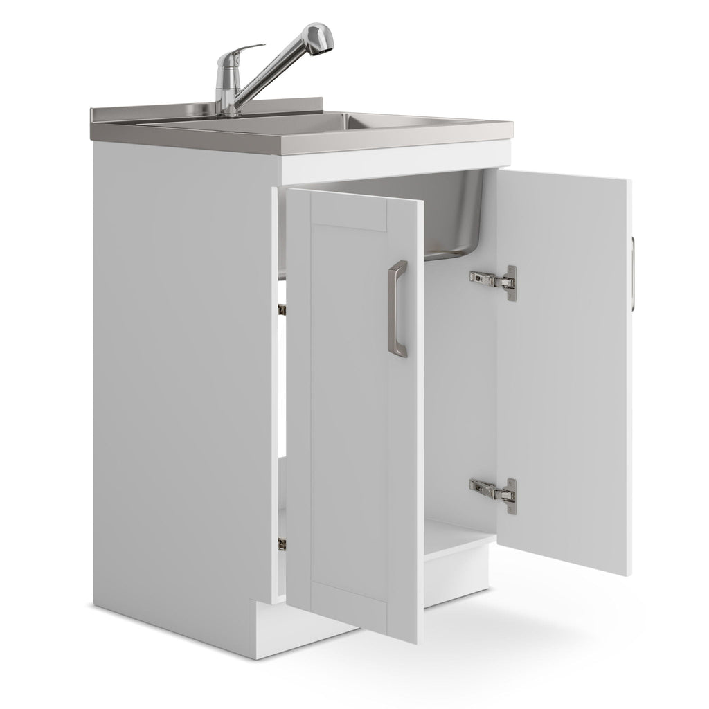 White Laundry Cabinet with Stainless Steel Sink and Pull-Out Faucet