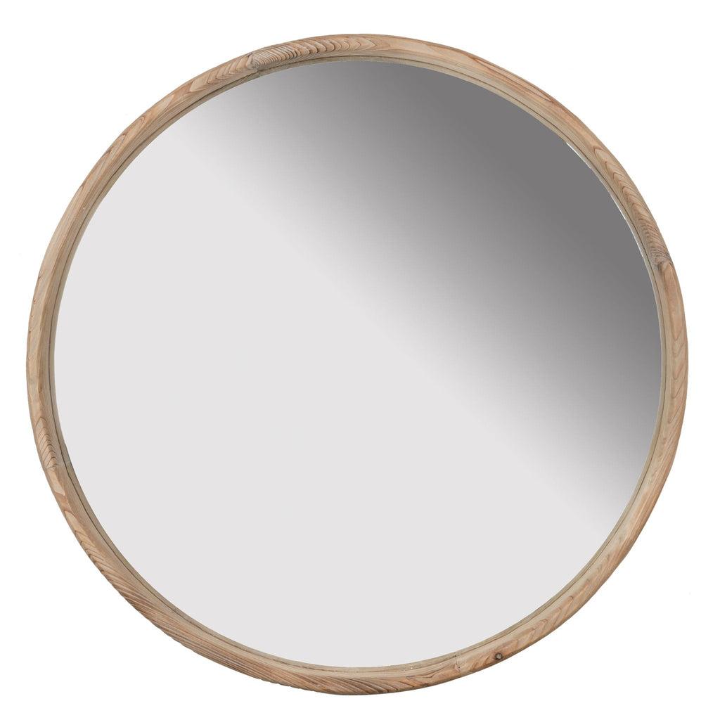 Round Wood Wall Mirror with Durable Fir Frame - Light Brown