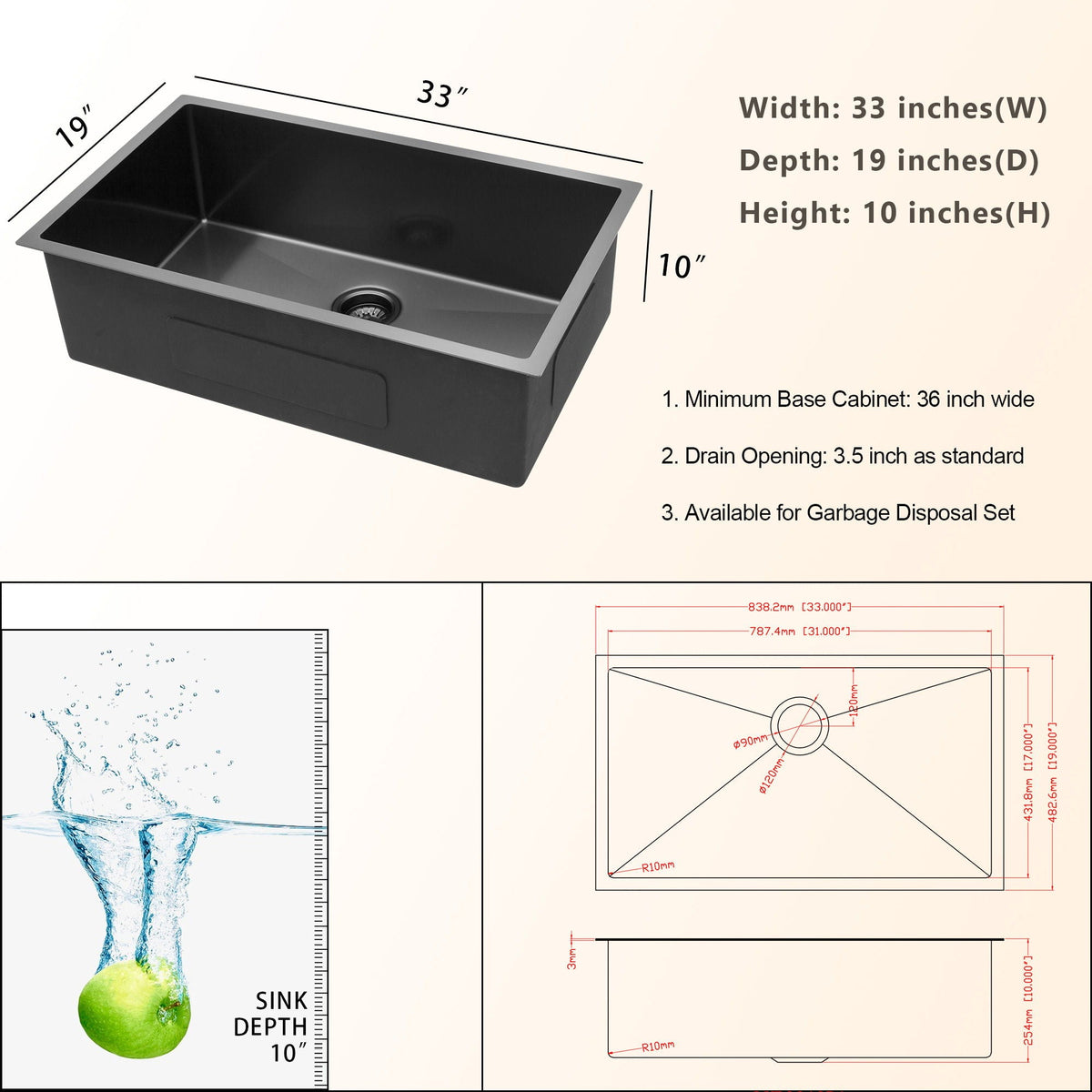 Black Undermount Kitchen Sink with Soundproof Pads - Stainless Steel