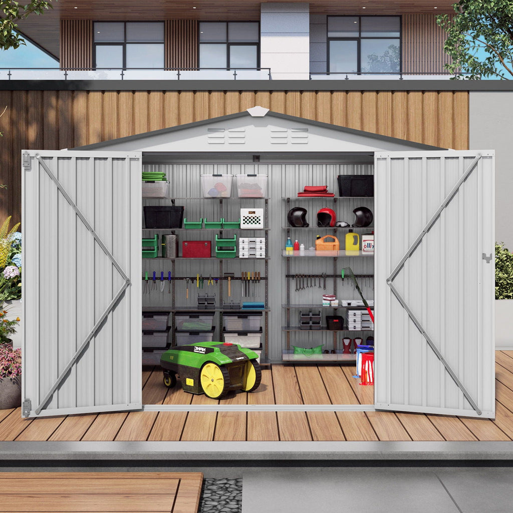 Outdoor Garden Storage Shed with Lockable Doors and Window - White / Gray