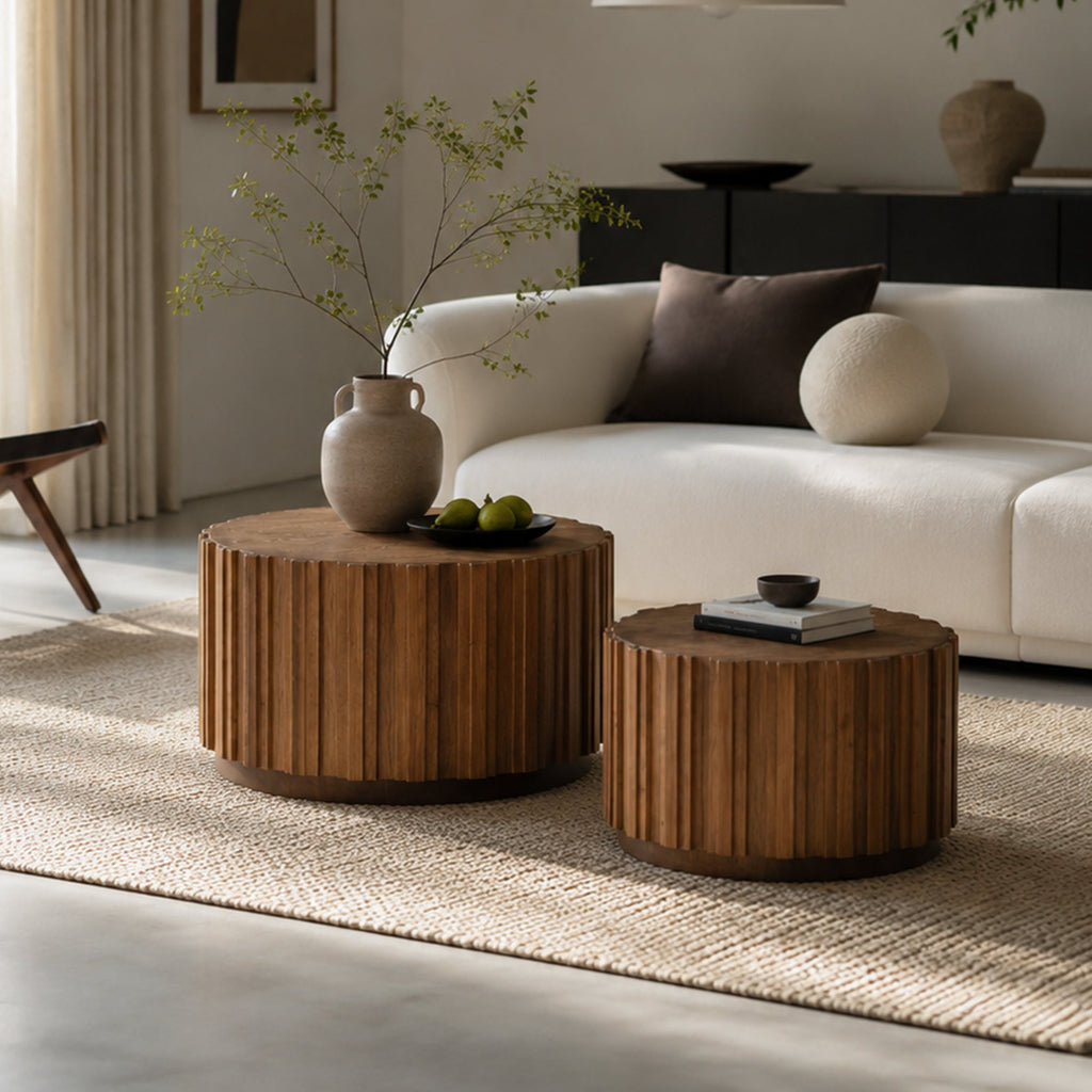 Round Nesting Coffee Table Set of 2 with Vertical Slatted Design - Walnut Brown or Natural Wood