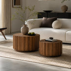Round Nesting Coffee Table Set of 2 with Vertical Slatted Design - Walnut Brown or Natural Wood