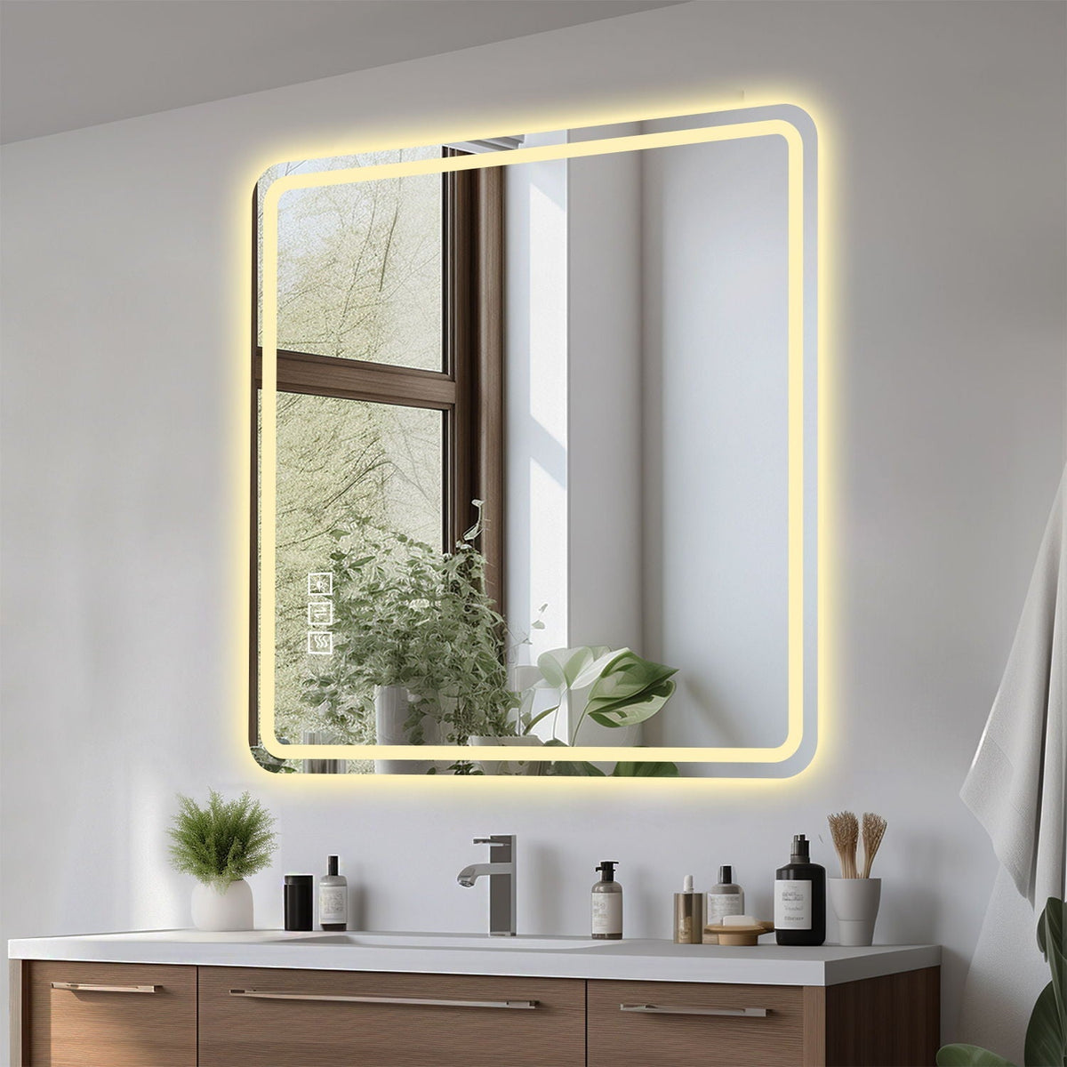 LED Bathroom Mirror with Anti-Fog and Tri-Color Lighting - Pearl Silver