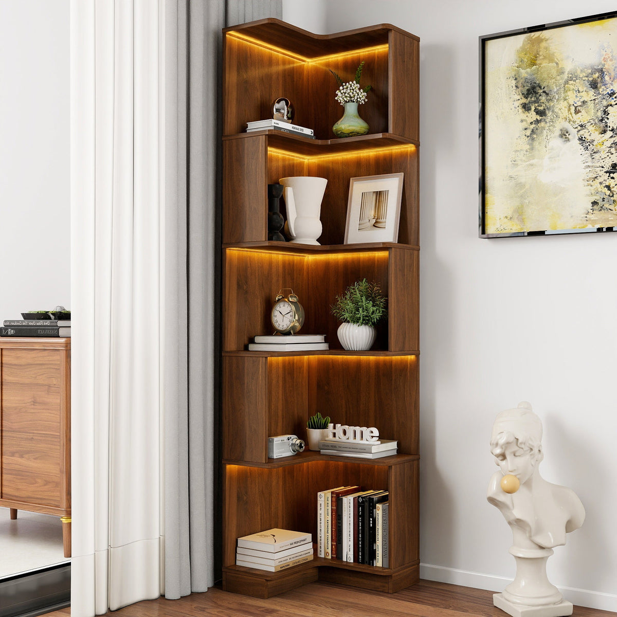 5 Tier Corner Book Shelf with Durable Melamine Finish - Neutral Wood