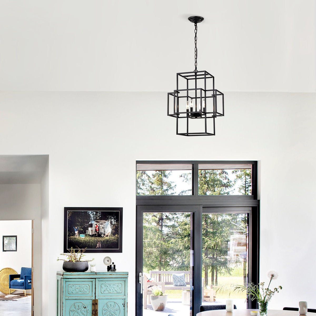 4 Light Metal Lantern Pendant Light with Adjustable Height - Black or Gold