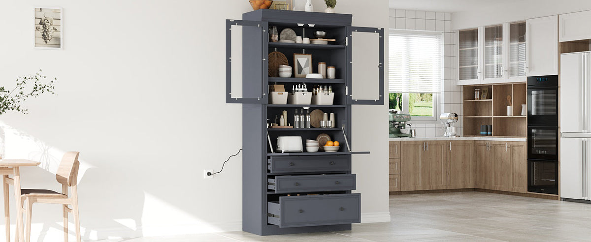 Freestanding Kitchen Pantry Cabinet with Power Outlet – Grey or White
