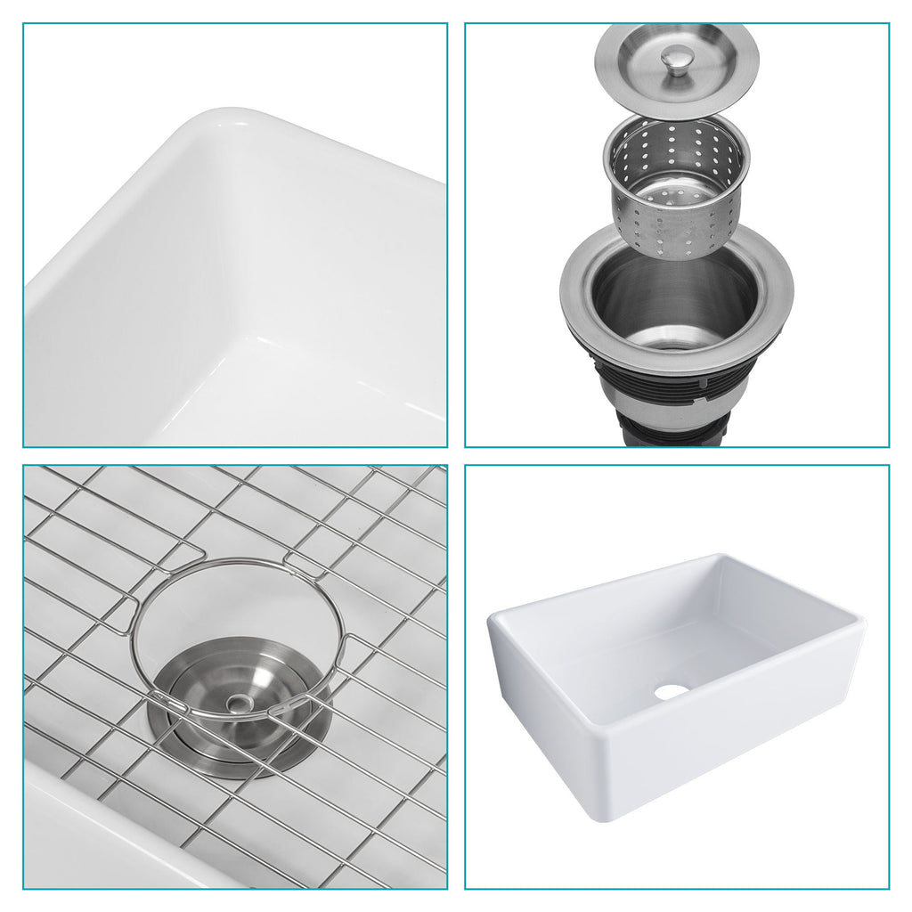 Farmhouse Ceramic Apron Front Single Bowl Kitchen Sink with Durable Design - White or Black