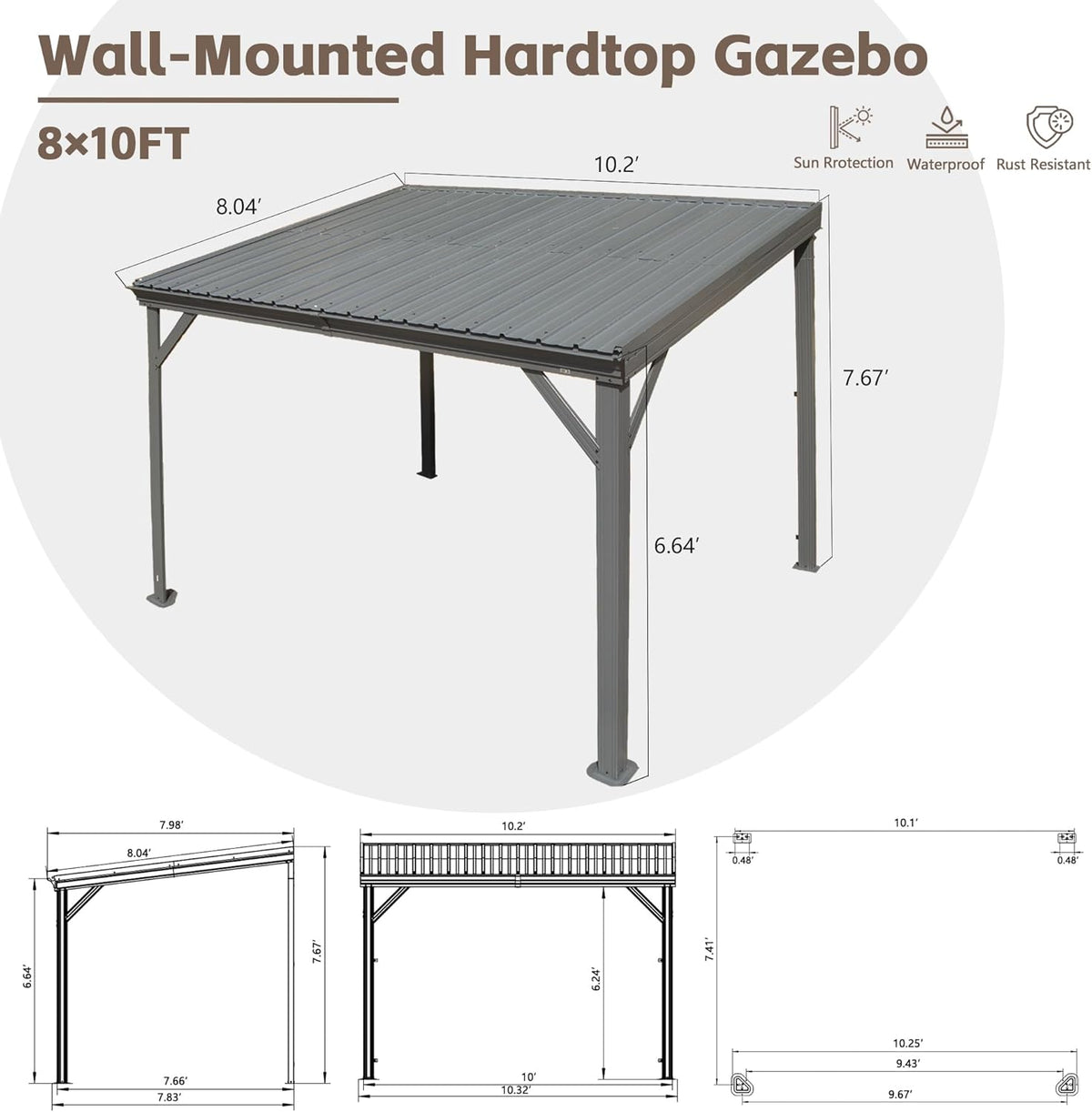 8' x 10' Lean To Gazebo with Upgraded Drainage System - Gray