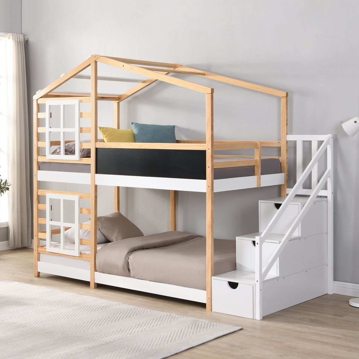 Twin Over Twin Bunk Bed House Bed With Roof and Storage
