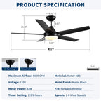 48" Black Ceiling Fan with Dimmable LED Light and Remote Control - Reversible Motor