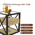 Modern End Table with Drawer - Natural Wood & Tempered Glass