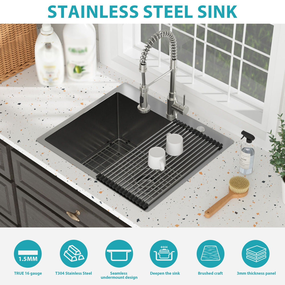 Topmount Kitchen Sink 16 Gauge Single Bowl with Nano Finish - Black