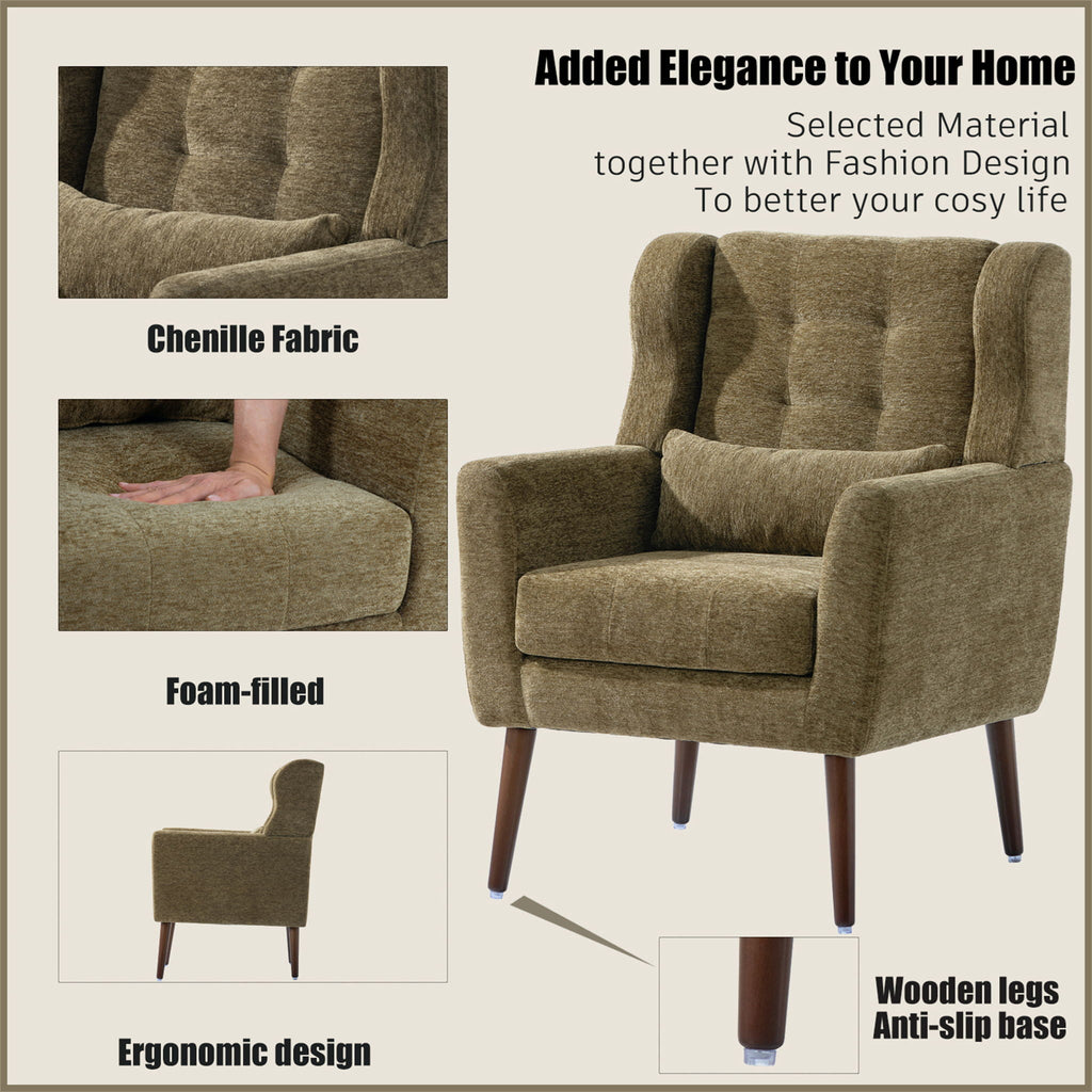 Modern Upholstered Arm Chair with Solid Wood Legs and Pillow - Multiple Colors