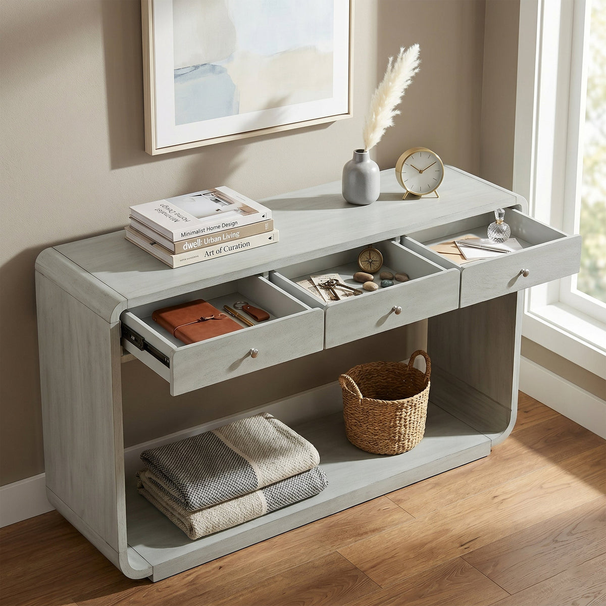 Antique-Style Console Table with 3 Storage Drawers - Blue, Natural, Beige