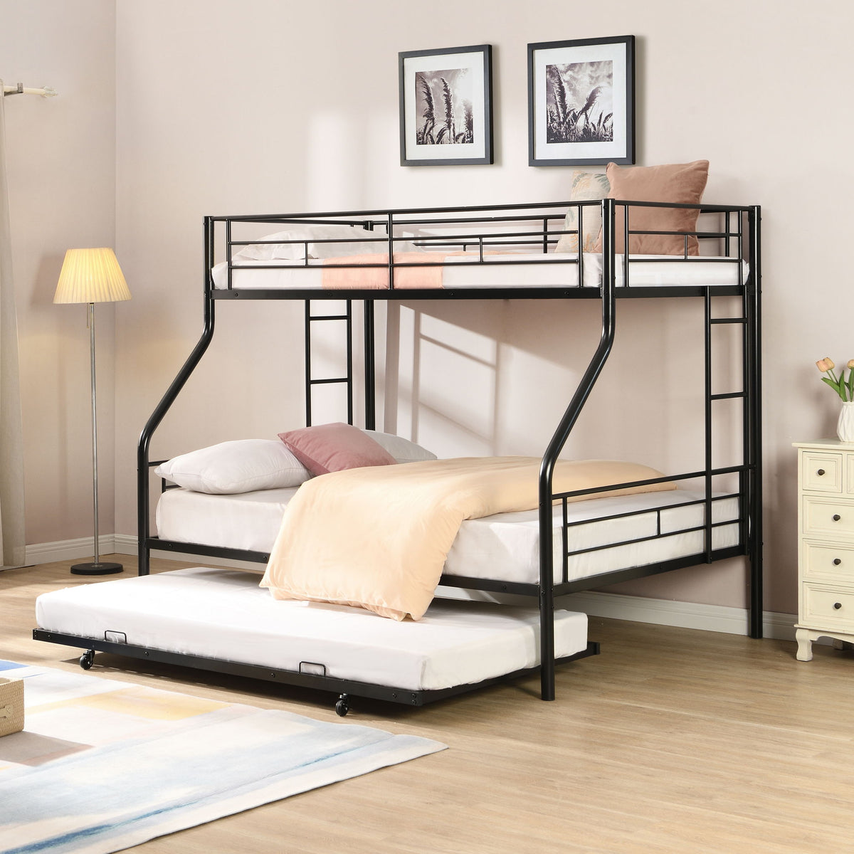 Twin Over Full Modern Metal Bunk Bed with Trundle - Black