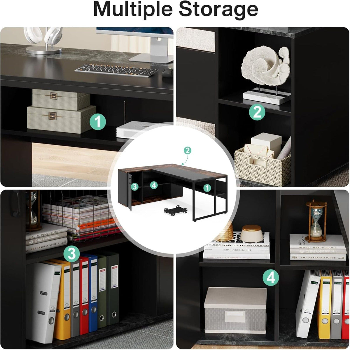 L-Shaped Executive Desk with Cabinet Storage - Dark Gray or Black