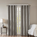 Charcoal Knitted Jacquard Damask Blackout Curtain Panel with Silver Grommets
