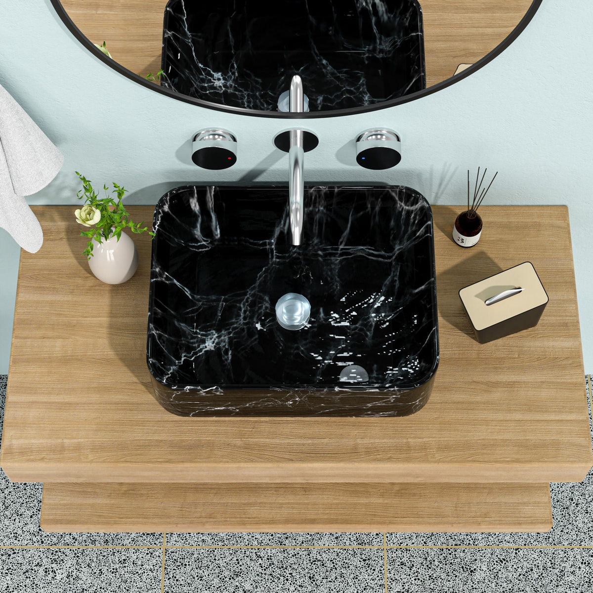 Rectangular Vessel Bathroom Sink with Sleek Black and Gray Ceramic Finish