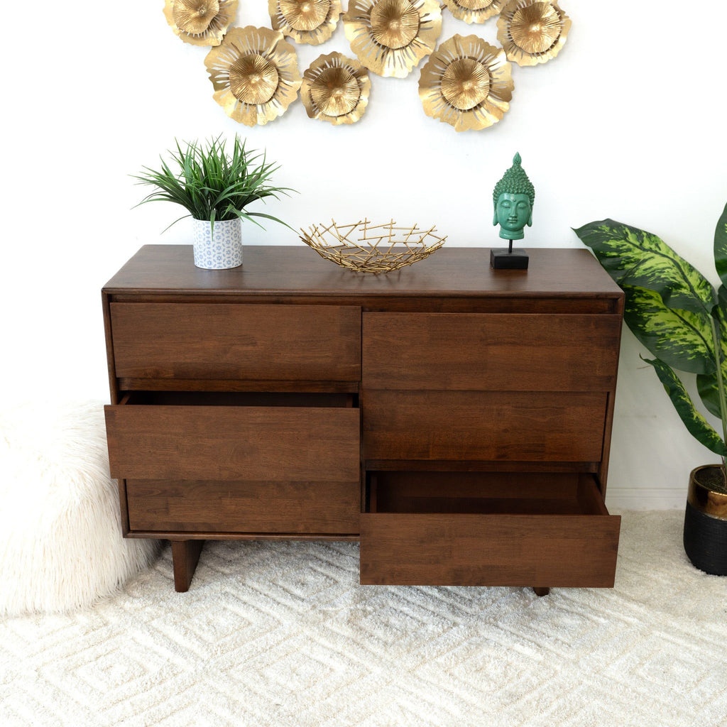 Brown Mid-Century Dresser with 6 Drawers - Solid Wood