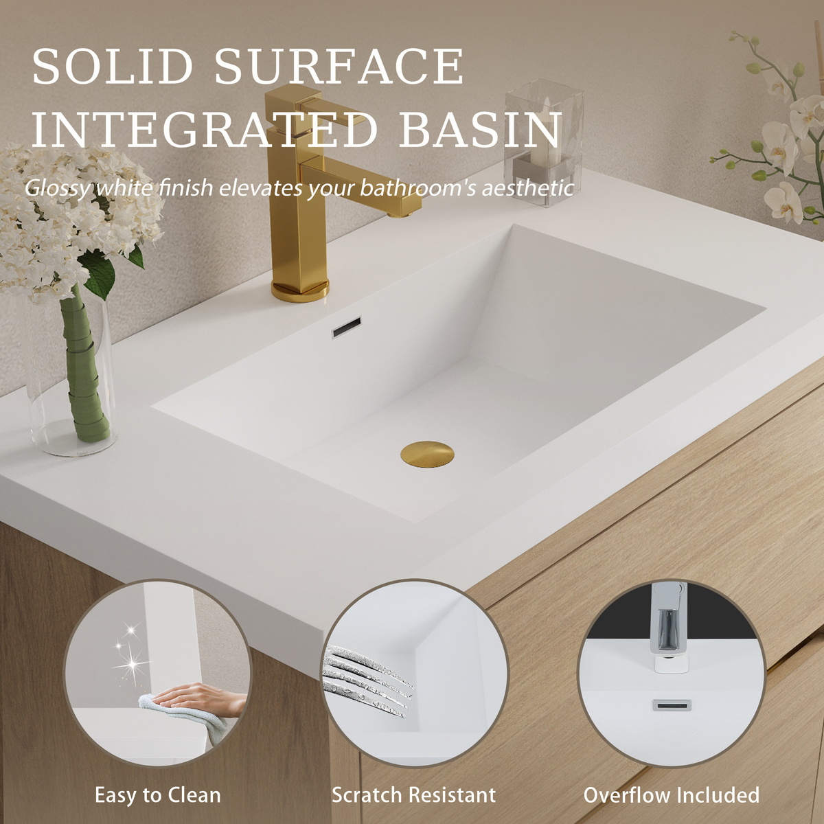 36" Wall-Mounted Bathroom Vanity with Stone Resin Sink - Modern Wood Finish