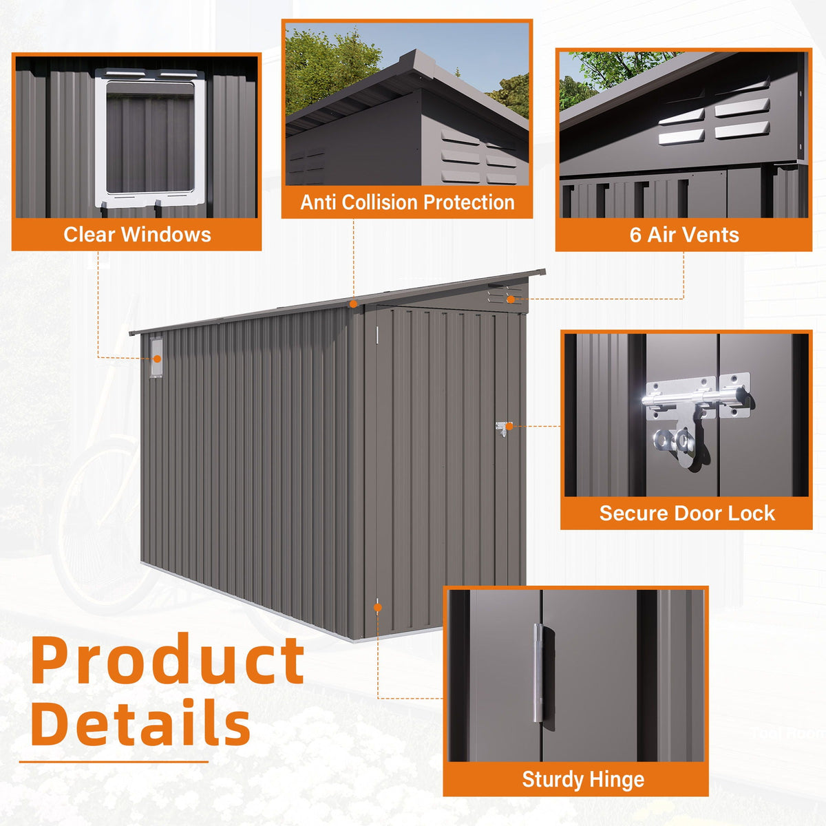Lean-To Storage Shed with Windows and Sloping Roof - Gray