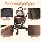 2-in-1 Foldable Pet Stroller with Sun Canopy - Khaki & Gold