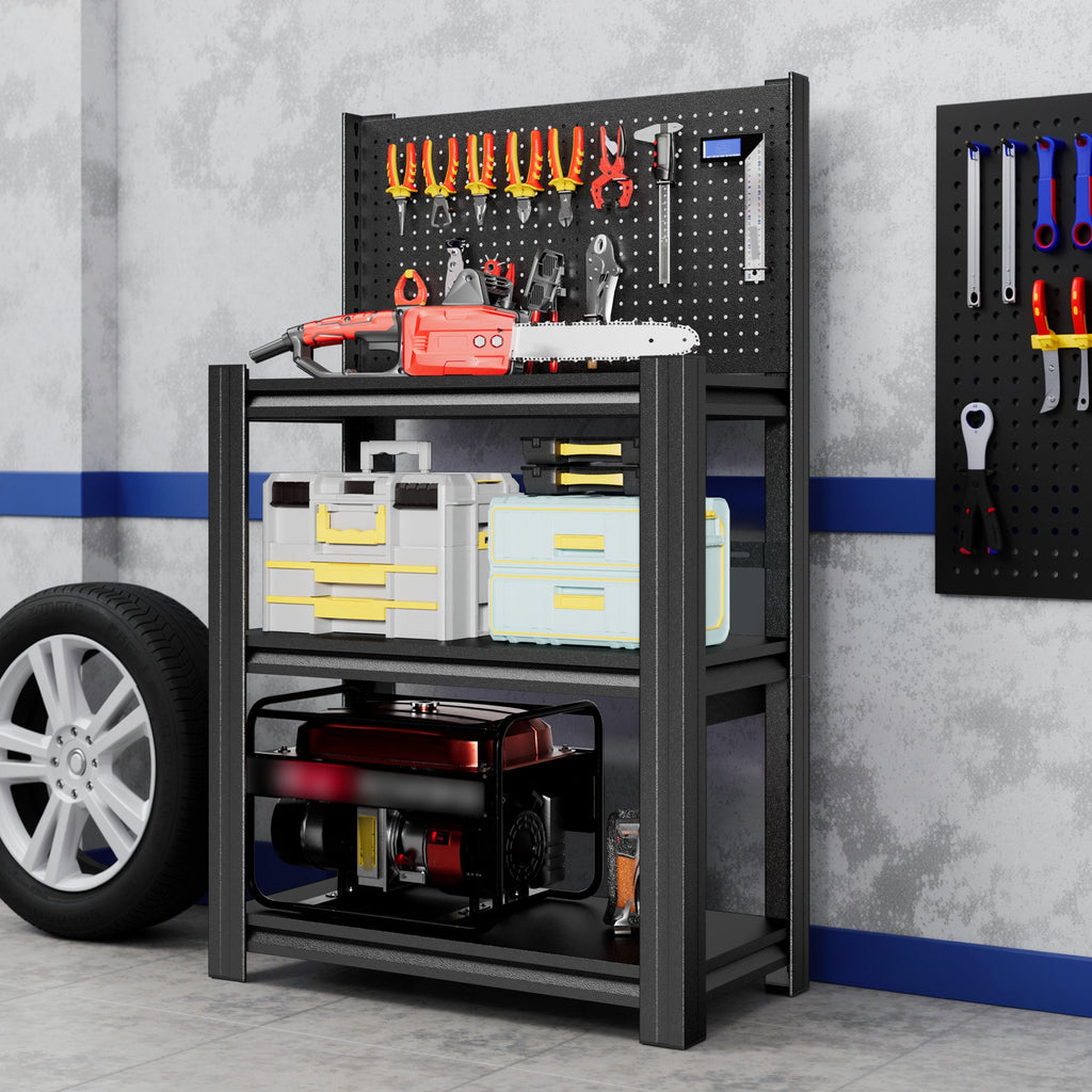 3-Tier Heavy-Duty Metal Storage Shelving Unit with Pegboard - Metal