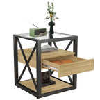 Modern End Table with Drawer - Natural Wood & Tempered Glass
