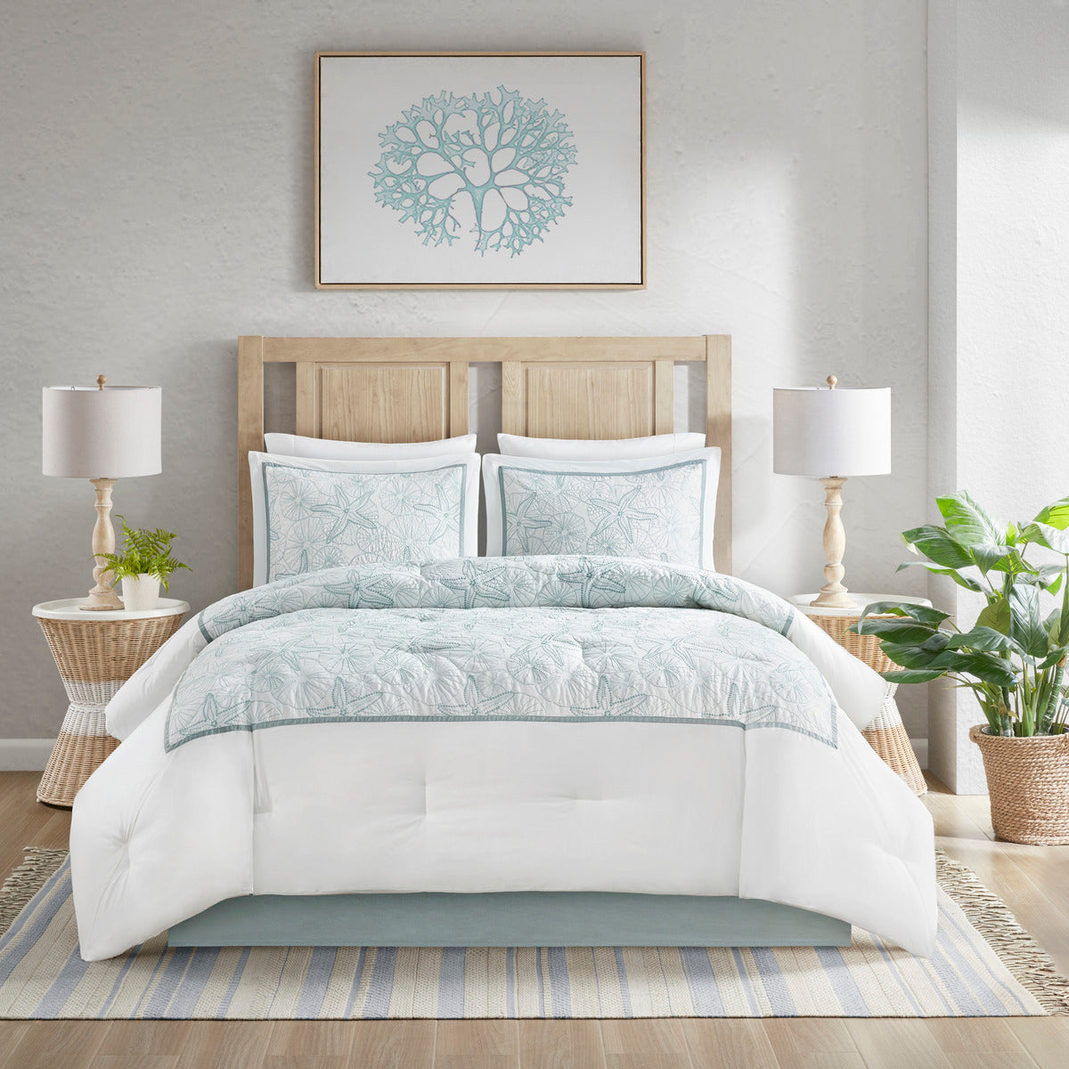 White King Comforter Set with Coastal Embroidery - 100% Cotton