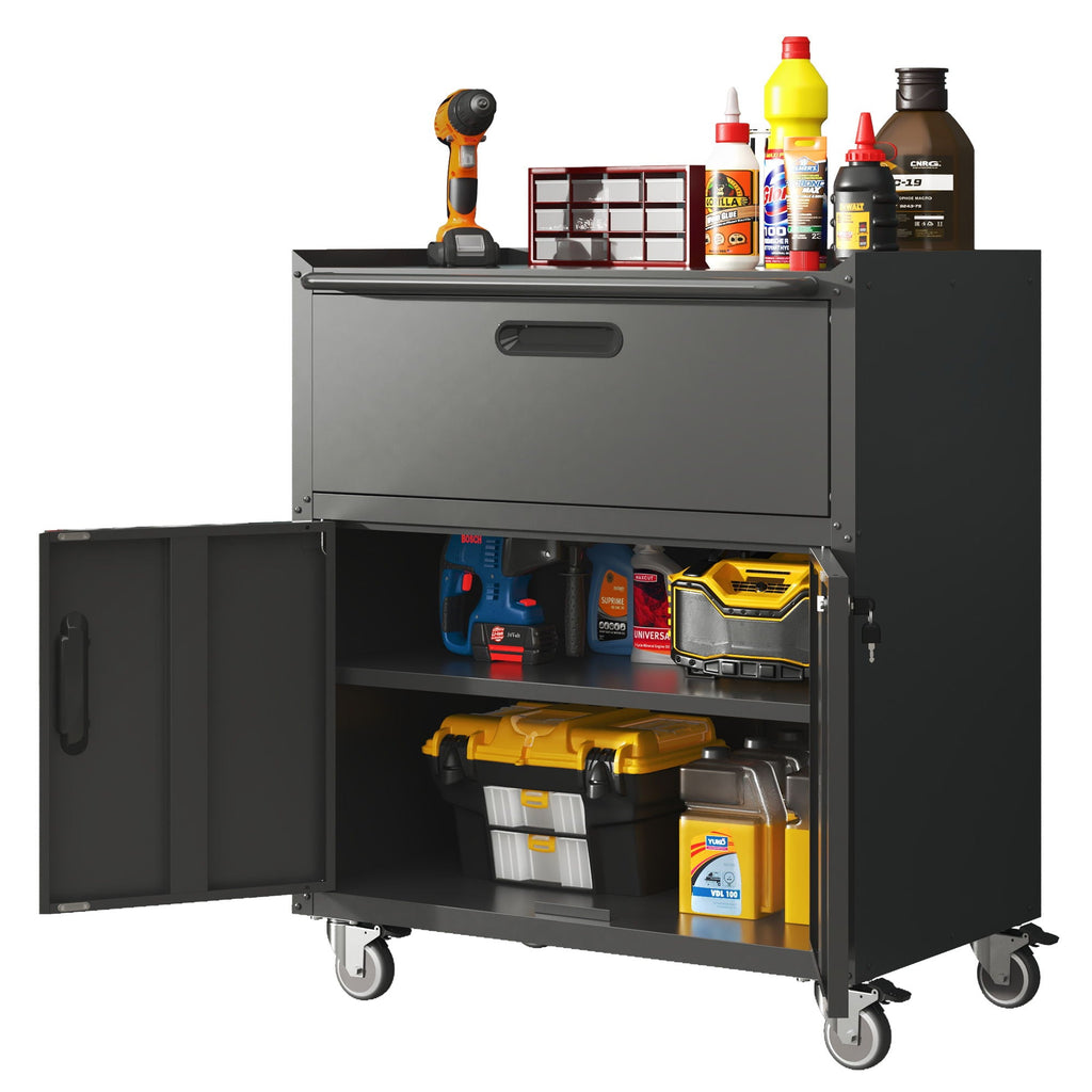Sturdy Metal Tool Cabinet with Drawer & Locking Doors - Mobile Garage Storage