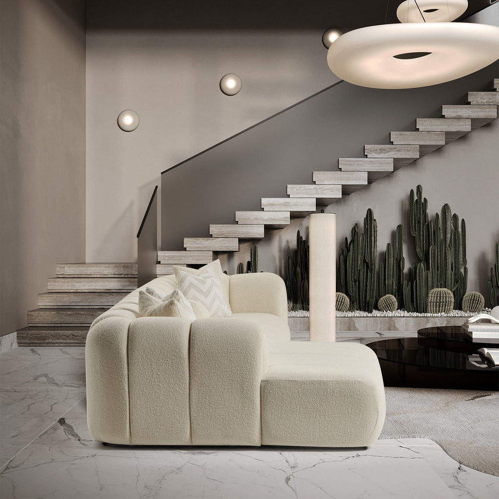 Modern Tufted Right Sectional Sofa with Toss Pillows - Ivory